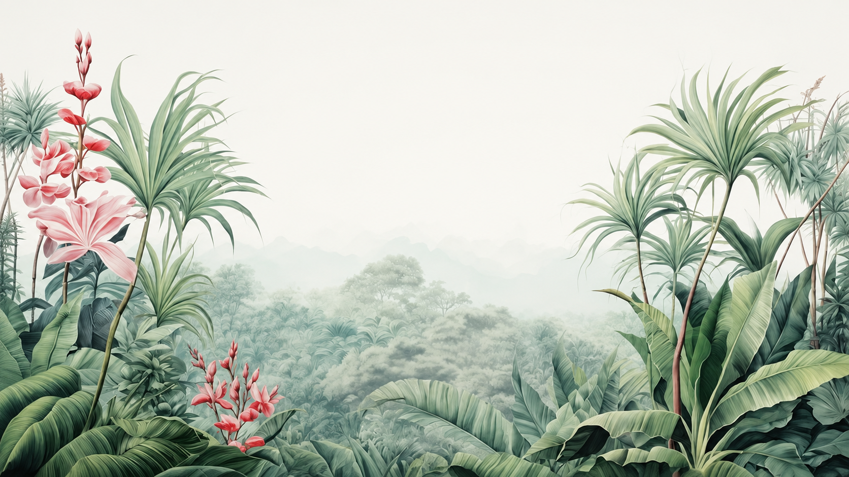 Vintage botanical illustration — tropical jungle scene with banana leaves, palms, and flowering plants framing a misty mountain landscape.